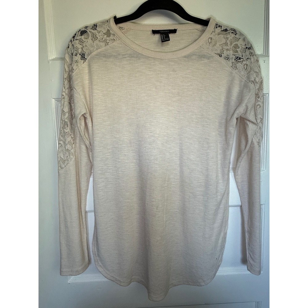 Forever 21 Womens Cream Ribbed Knit Long Sleeve Top Lace Back Shoulder Detail S